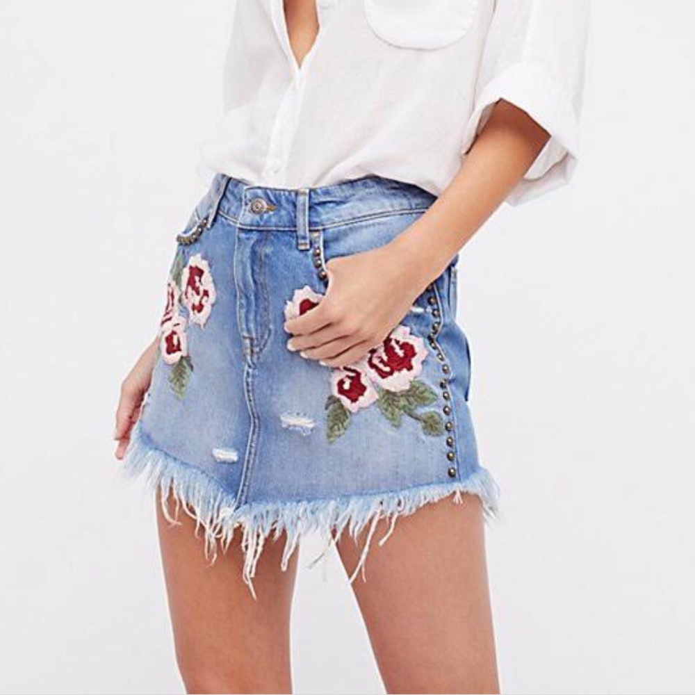 Free People Wild Rose Denim Embroidered Mini Skirt